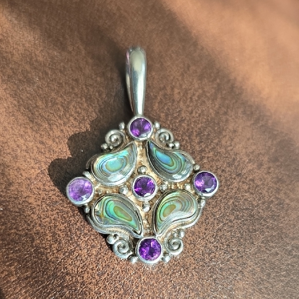 Sajen Sterling Silver Amethyst & Abalone Inlay Pendant Acid Tested Artisan Jewel